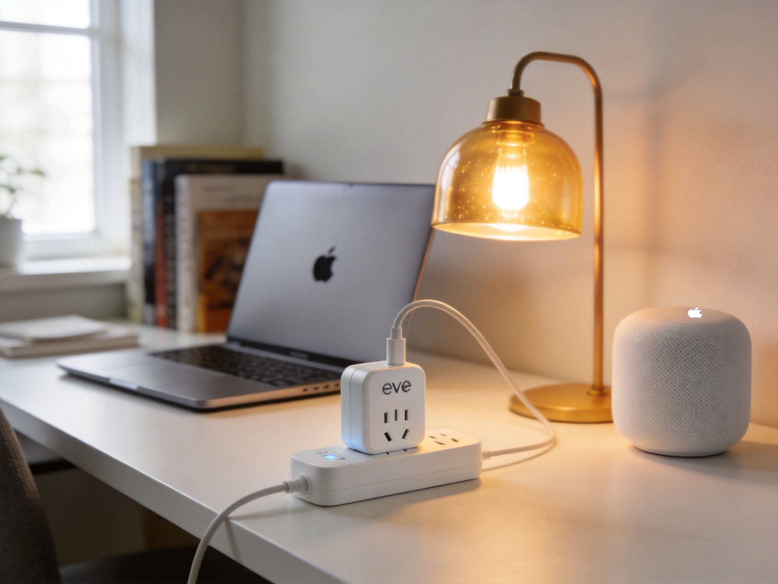 Eve Energy Matter Thread smart plug next to HomePod mini on modern desk