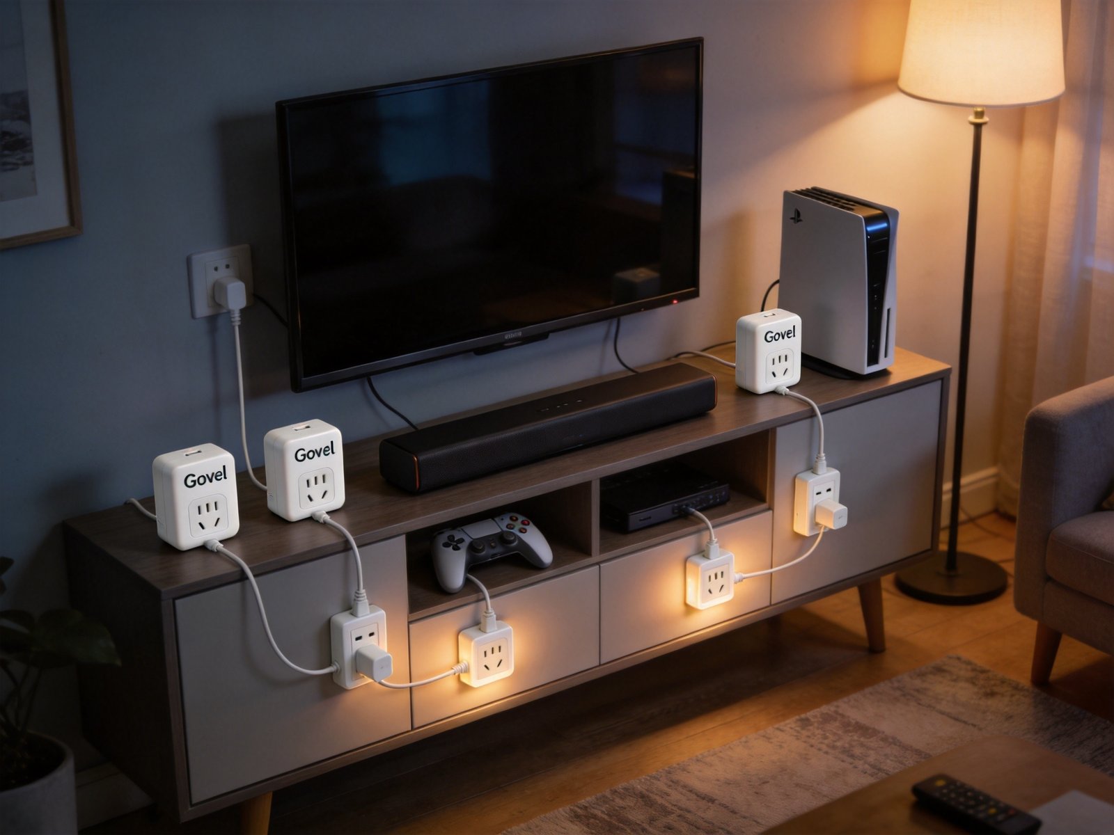 Govee smart plug 4-pack distributed across living room entertainment center devices