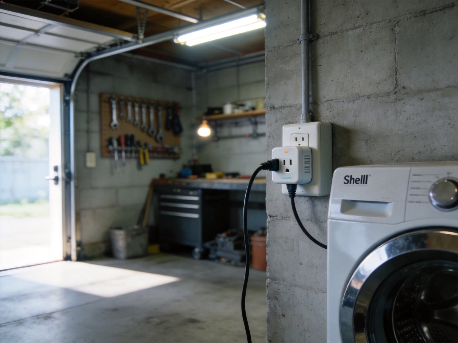 Shelly Plus Plug US smart plug in garage workshop connected to washing machine