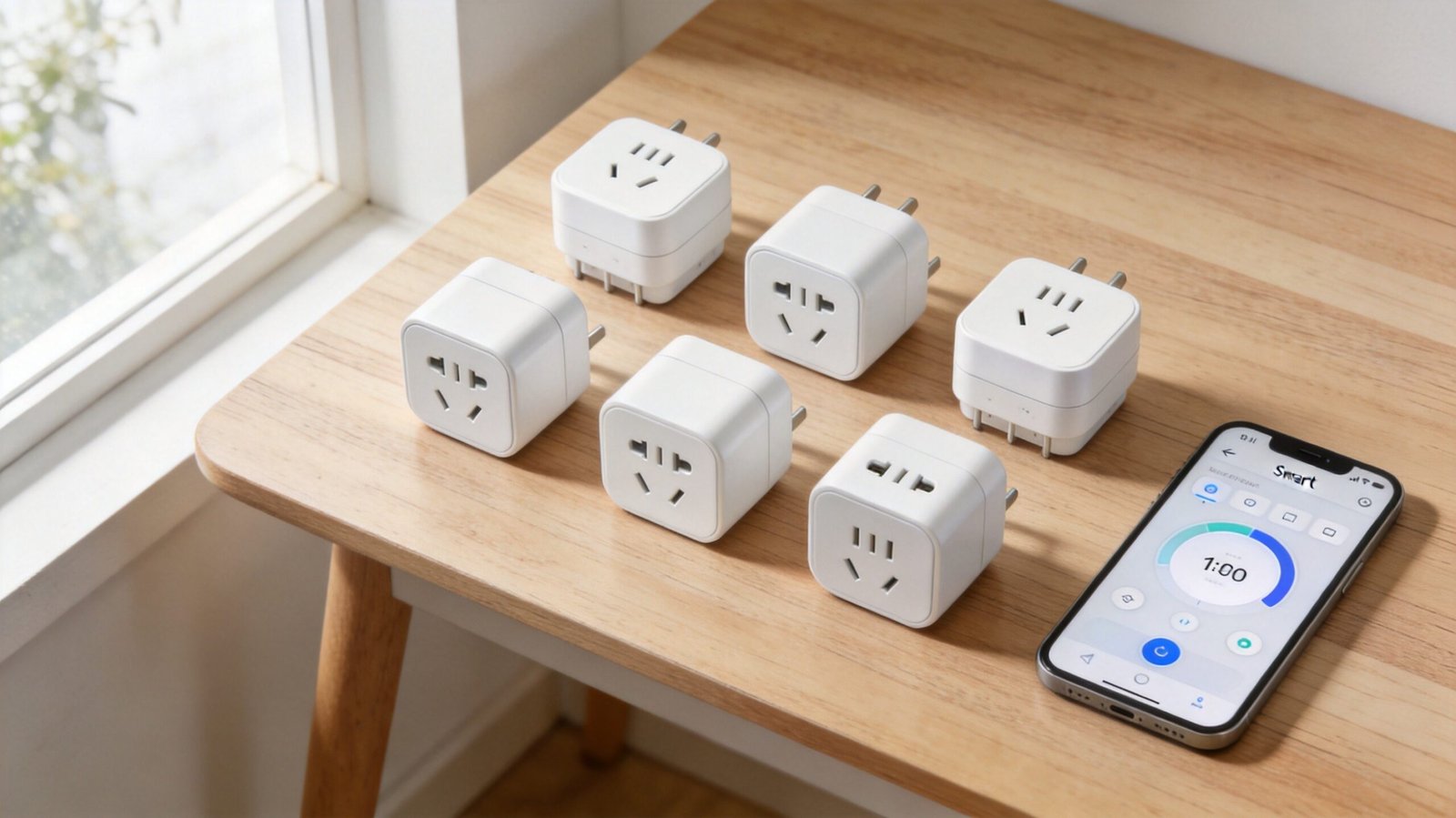 Best smart plugs 2026 collection on wooden desk with smartphone app