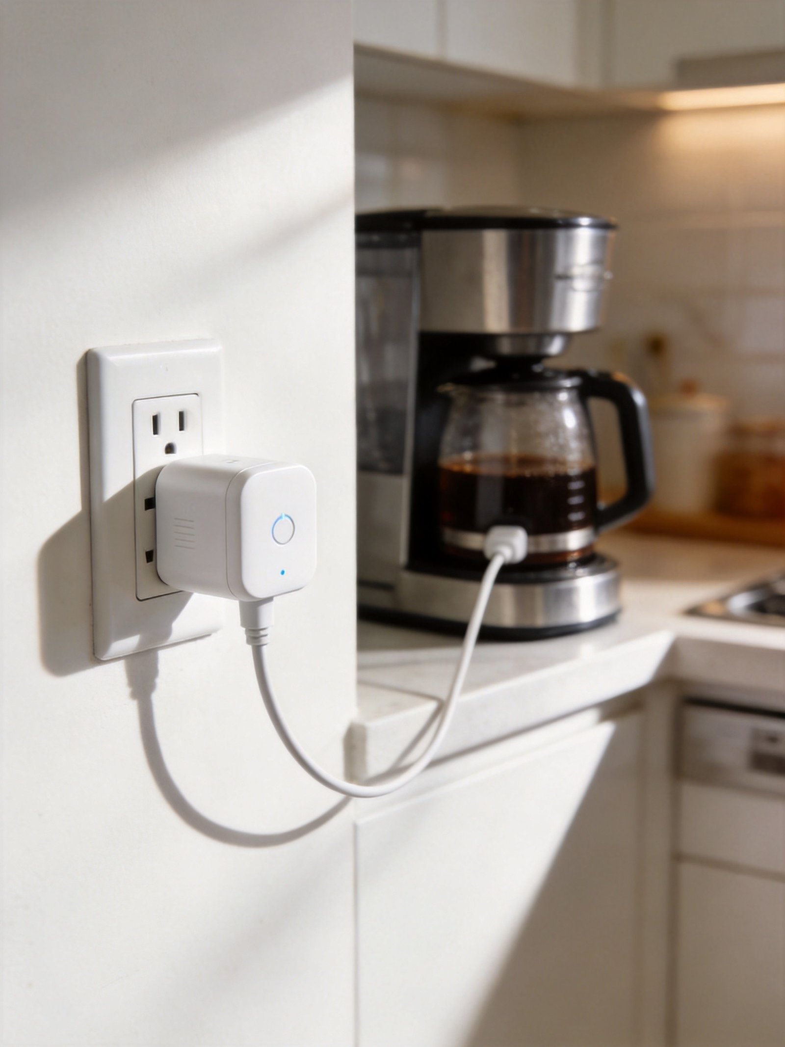 TP-Link Kasa KP125M smart plug in kitchen outlet with coffee maker