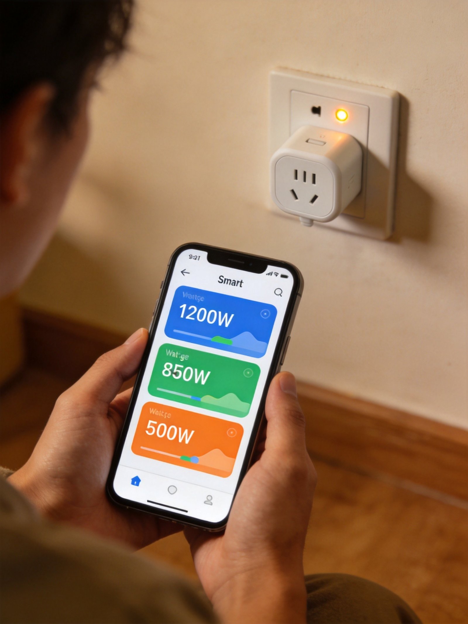 Smart plug energy monitoring app on smartphone showing wattage charts