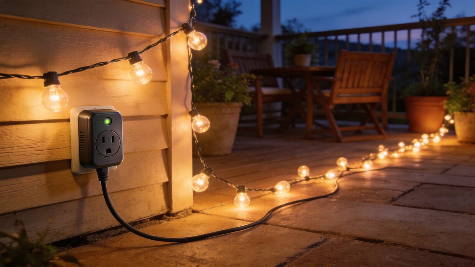 Weatherproof outdoor smart plug with patio string lights