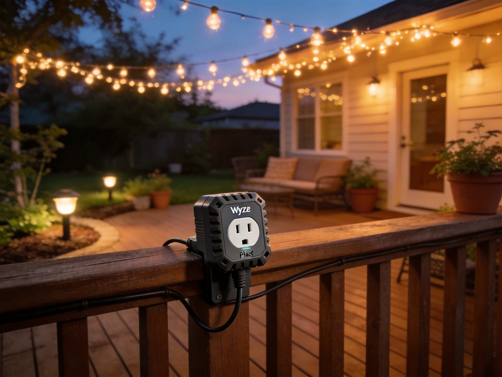 Wyze Plug Outdoor weatherproof smart plug on patio with string lights