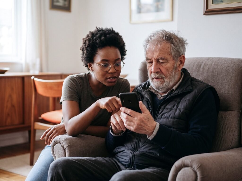 Elderly person learning to use smartphone with younger family member, representing smart home technology for aging in place